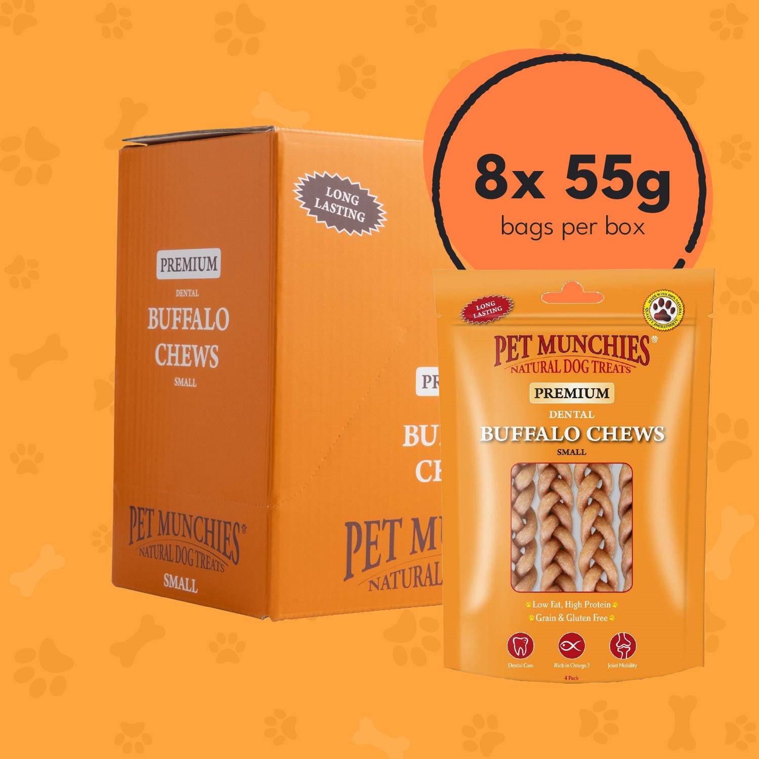 Pet Munchies Small Dental Buffalo Dog Chews 55g (4 chews) - 8 Pack