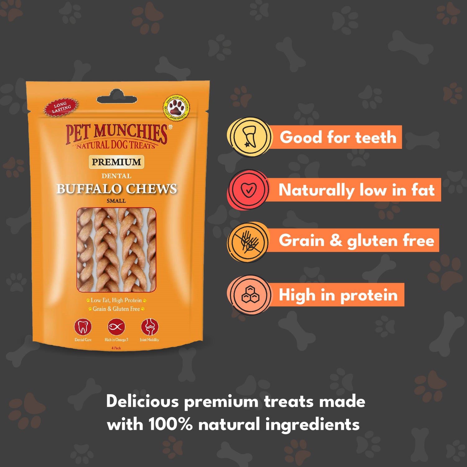 Pet Munchies Small Dental Buffalo Dog Chews 55g (4 chews) - 1 or 8 Pack Dental Chews