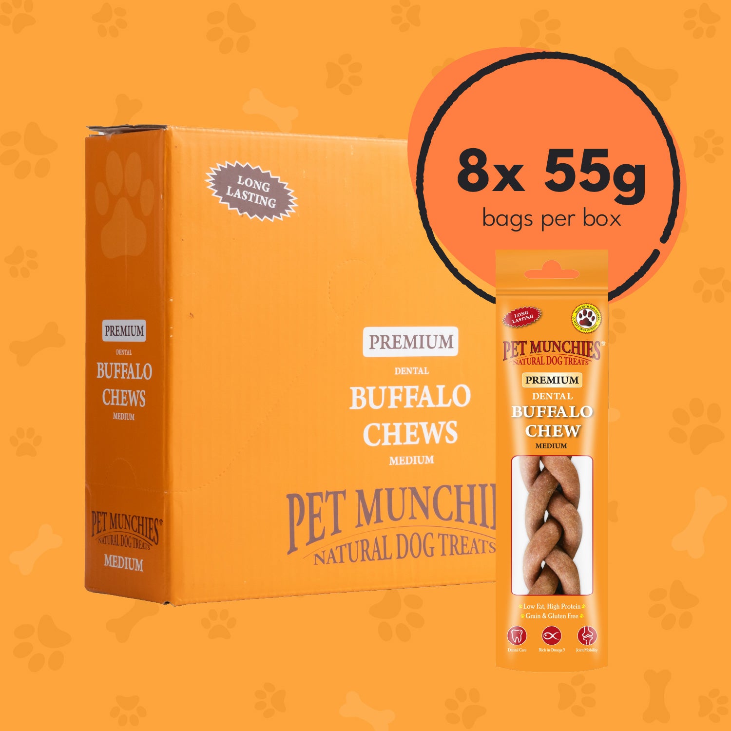 Pet Munchies Medium Dental Buffalo Dog Chews 55g - 8 Pack