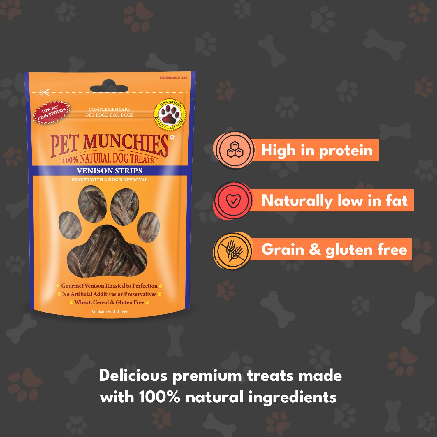 Pet Munchies Venison Strips Dog Treats 75g - 1 or 8 Pack Sticks, Strips & Twists