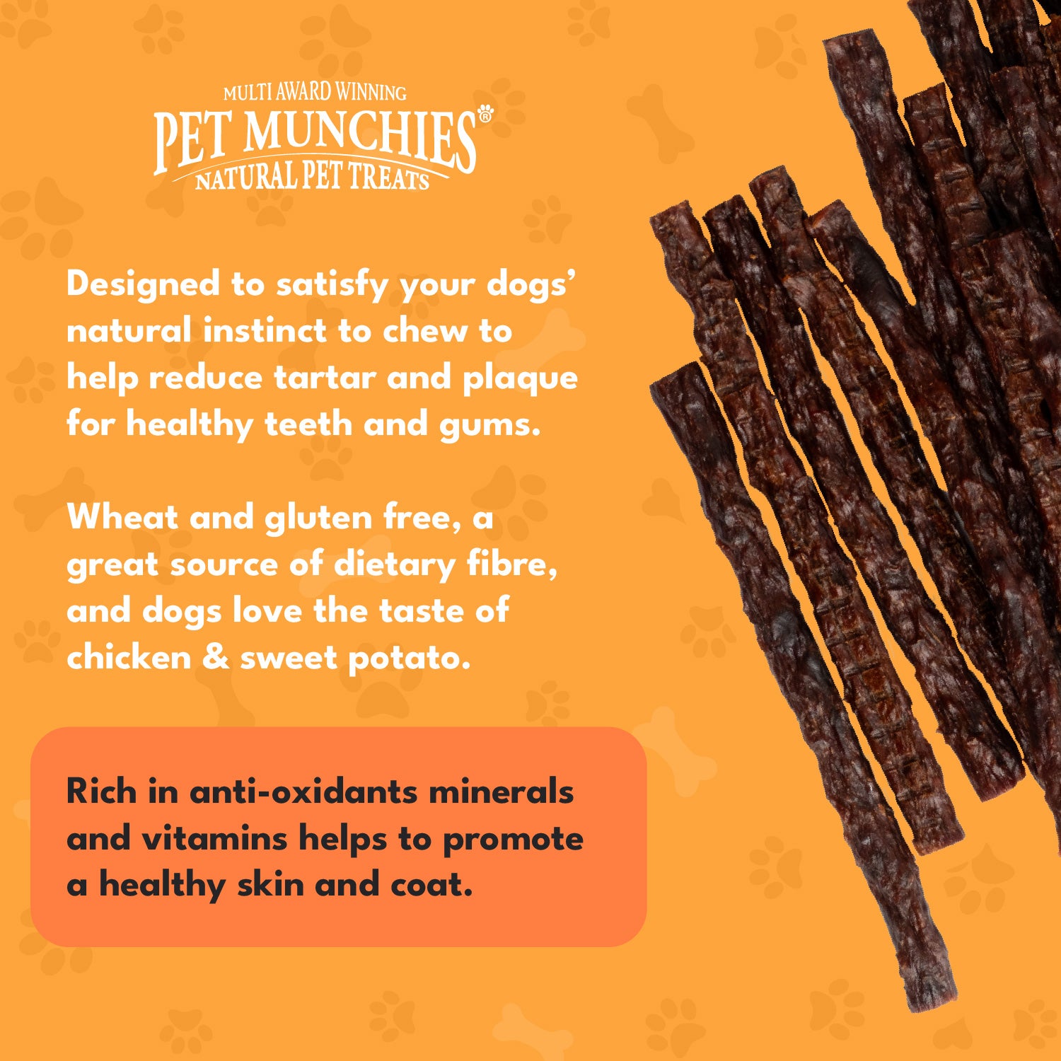 Pet Munchies Chicken and Sweet Potato Dog Treats 90g - 1 or 8 Pack Sticks, Strips & Twists
