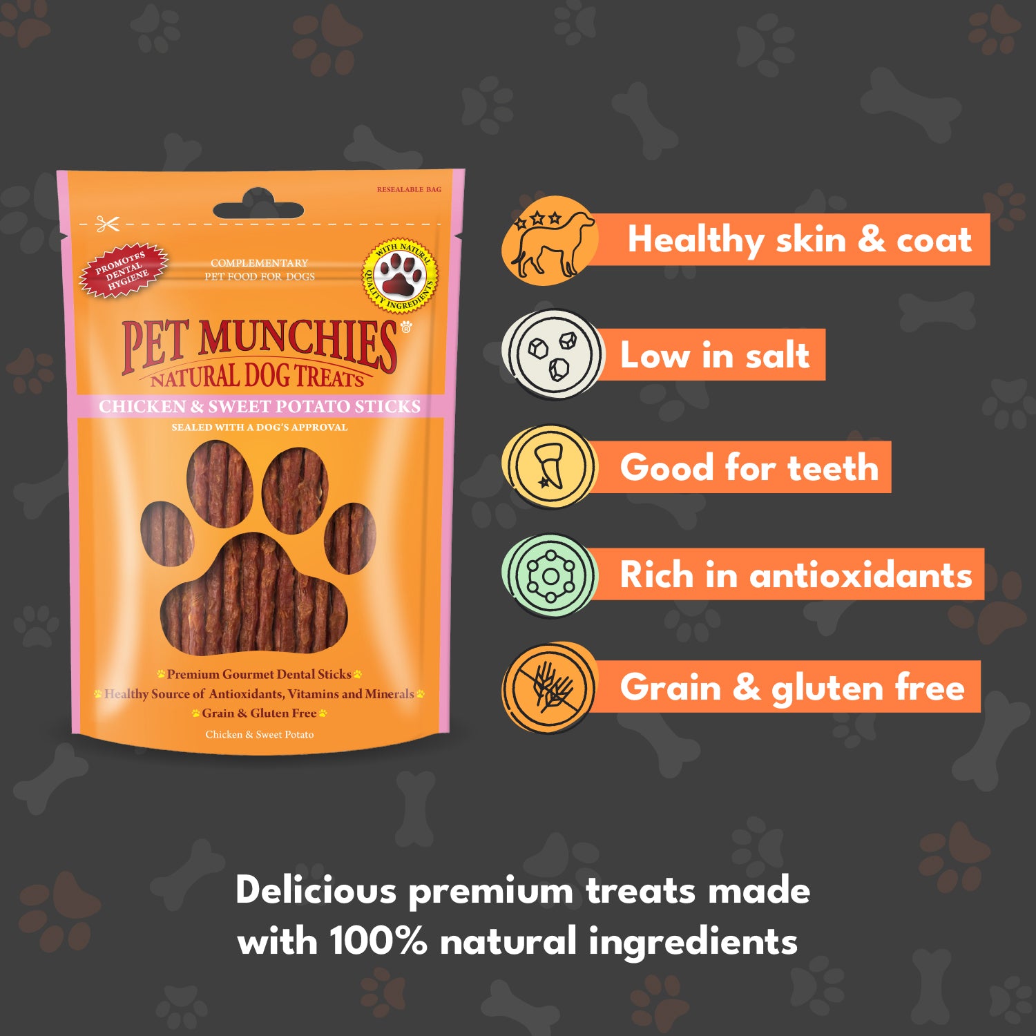 Pet Munchies Chicken and Sweet Potato Dog Treats 90g - 1 or 8 Pack Sticks, Strips & Twists