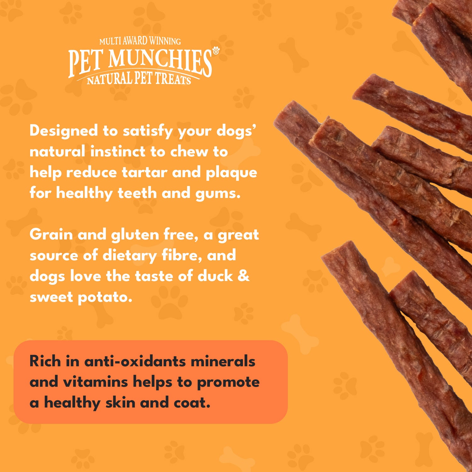 Pet Munchies Duck and Sweet Potato Dog Treats 90g - 1 or 8 Pack Sticks, Strips & Twists