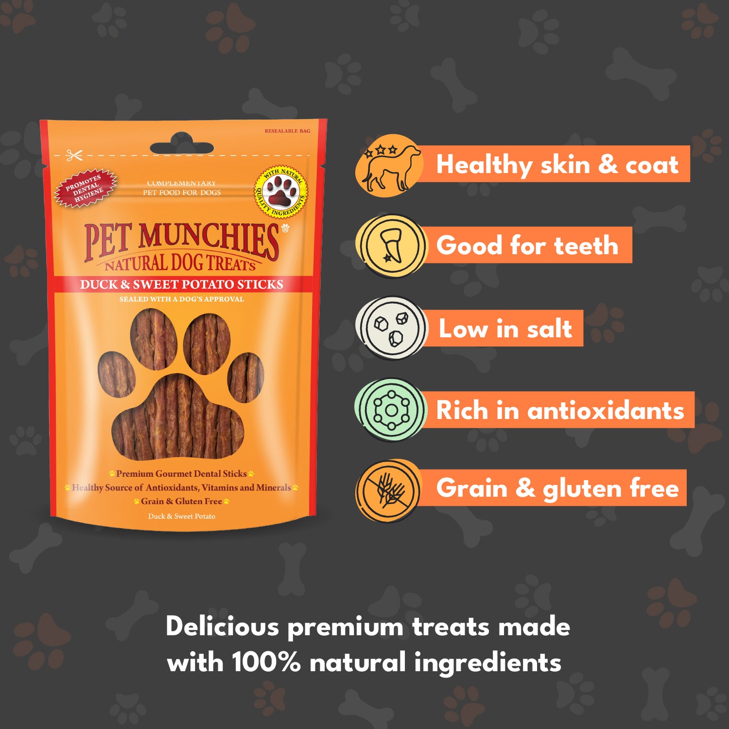 Pet Munchies Duck and Sweet Potato Dog Treats 90g - 1 or 8 Pack Sticks, Strips & Twists