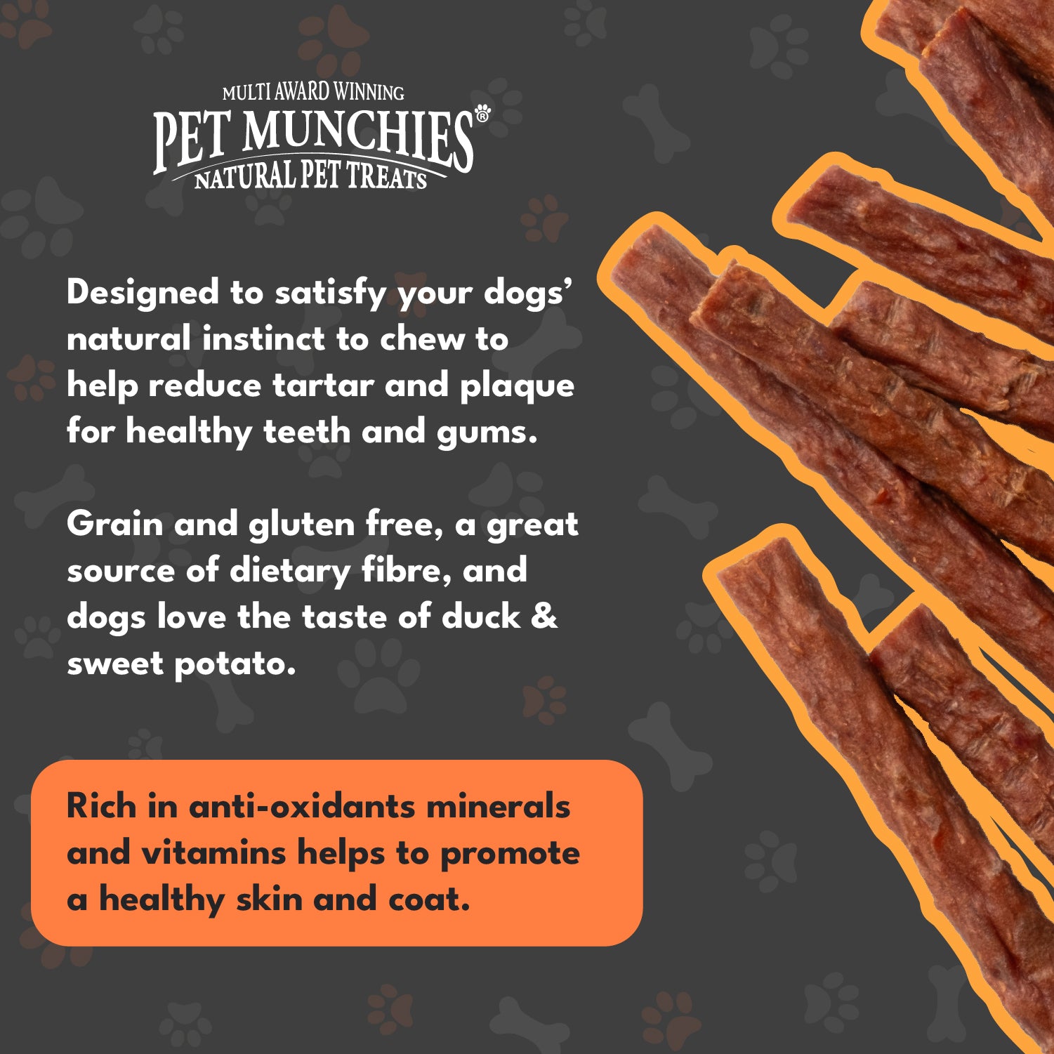 Pet Munchies Duck and Sweet Potato Dog Treats 90g - 1 or 8 Pack Sticks, Strips & Twists