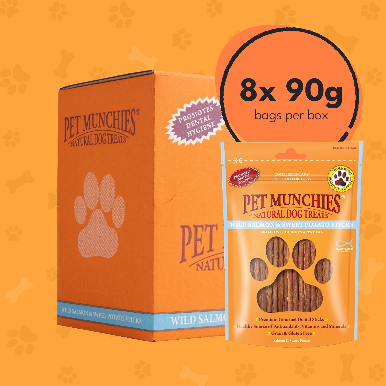 Pet Munchies Wild Salmon and Sweet Potato Dog Treats 90g - 8 Pack