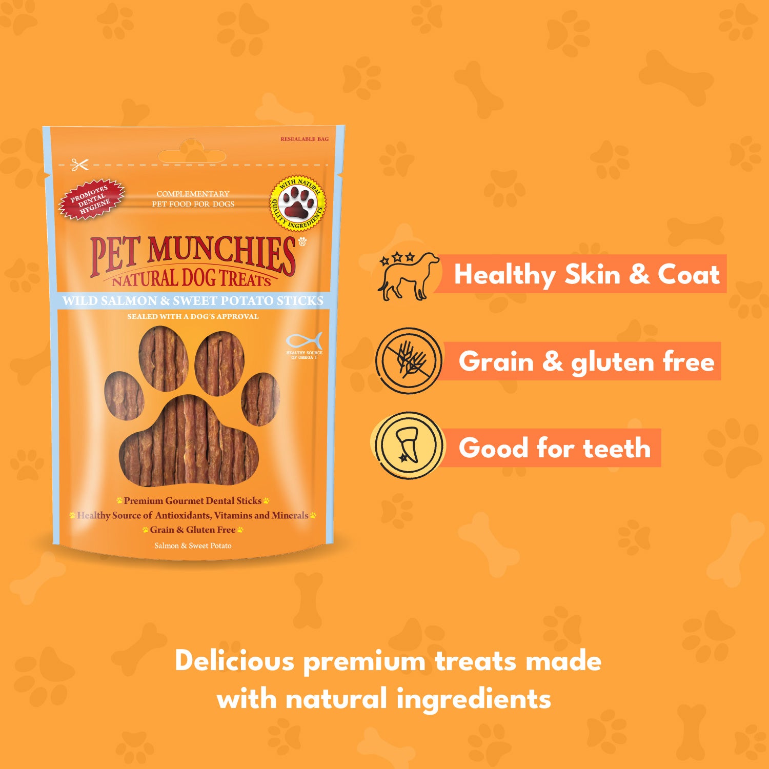 Pet Munchies Wild Salmon and Sweet Potato Dog Treats 90g - 1 or 8 Pack Sticks, Strips & Twists