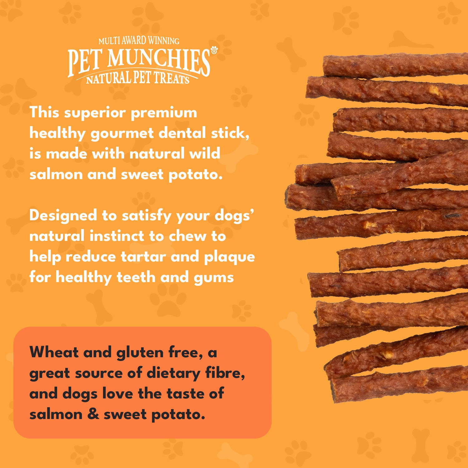 Pet Munchies Wild Salmon and Sweet Potato Dog Treats 90g - 1 or 8 Pack Sticks, Strips & Twists