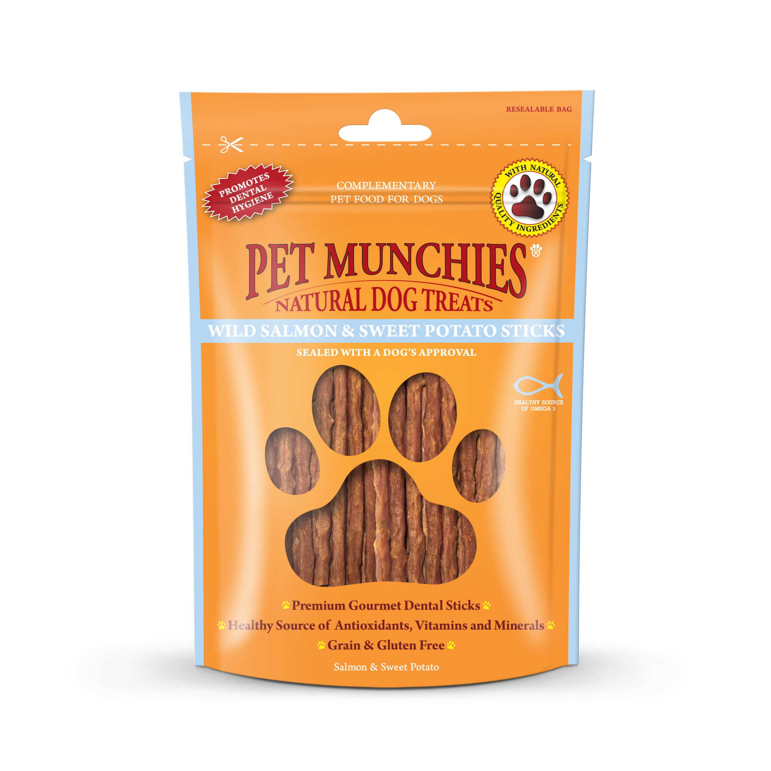 Pet Munchies Wild Salmon and Sweet Potato Dog Treats 90g - 1 or 8 Pack Sticks, Strips & Twists
