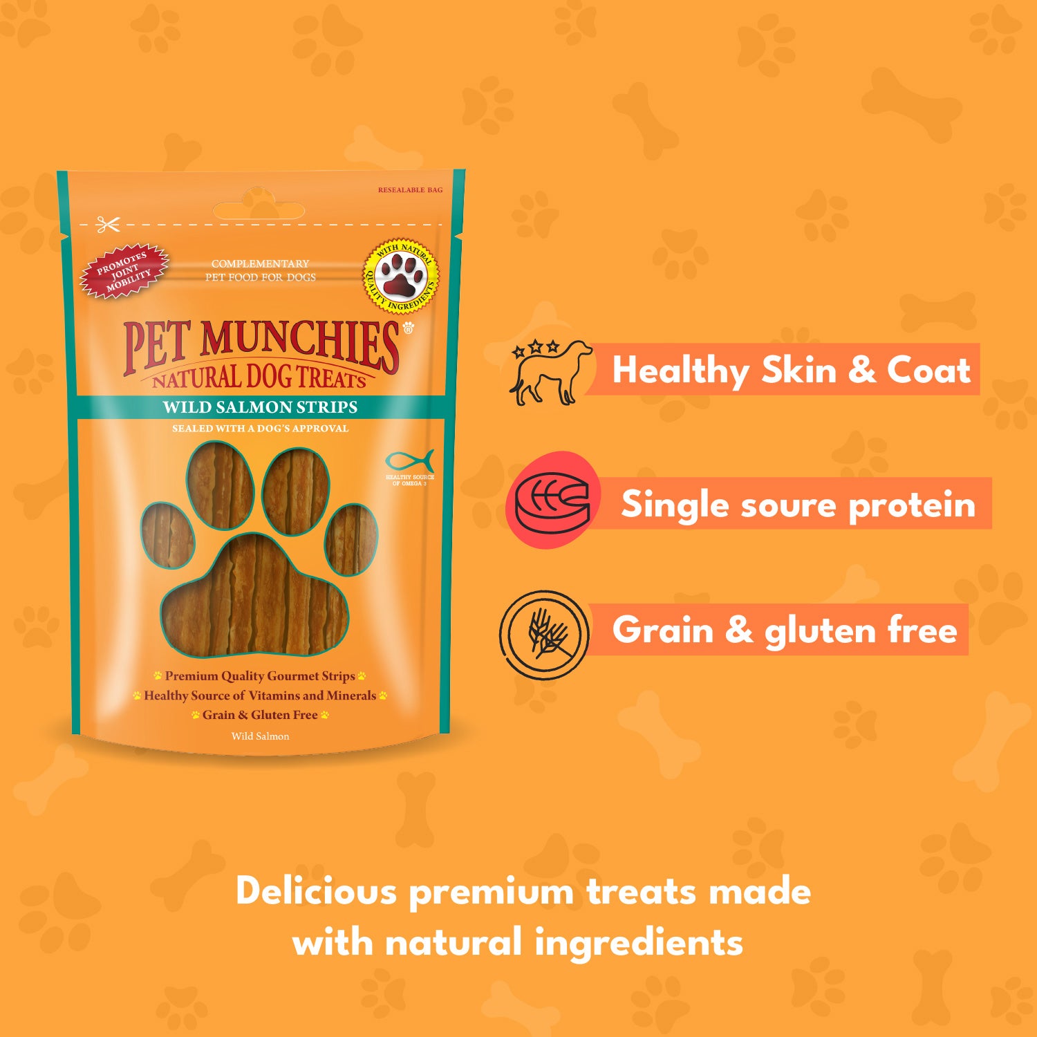 Pet Munchies Wild Salmon Strips Dog Treats 80g - 1 or 8 Pack Sticks, Strips & Twists