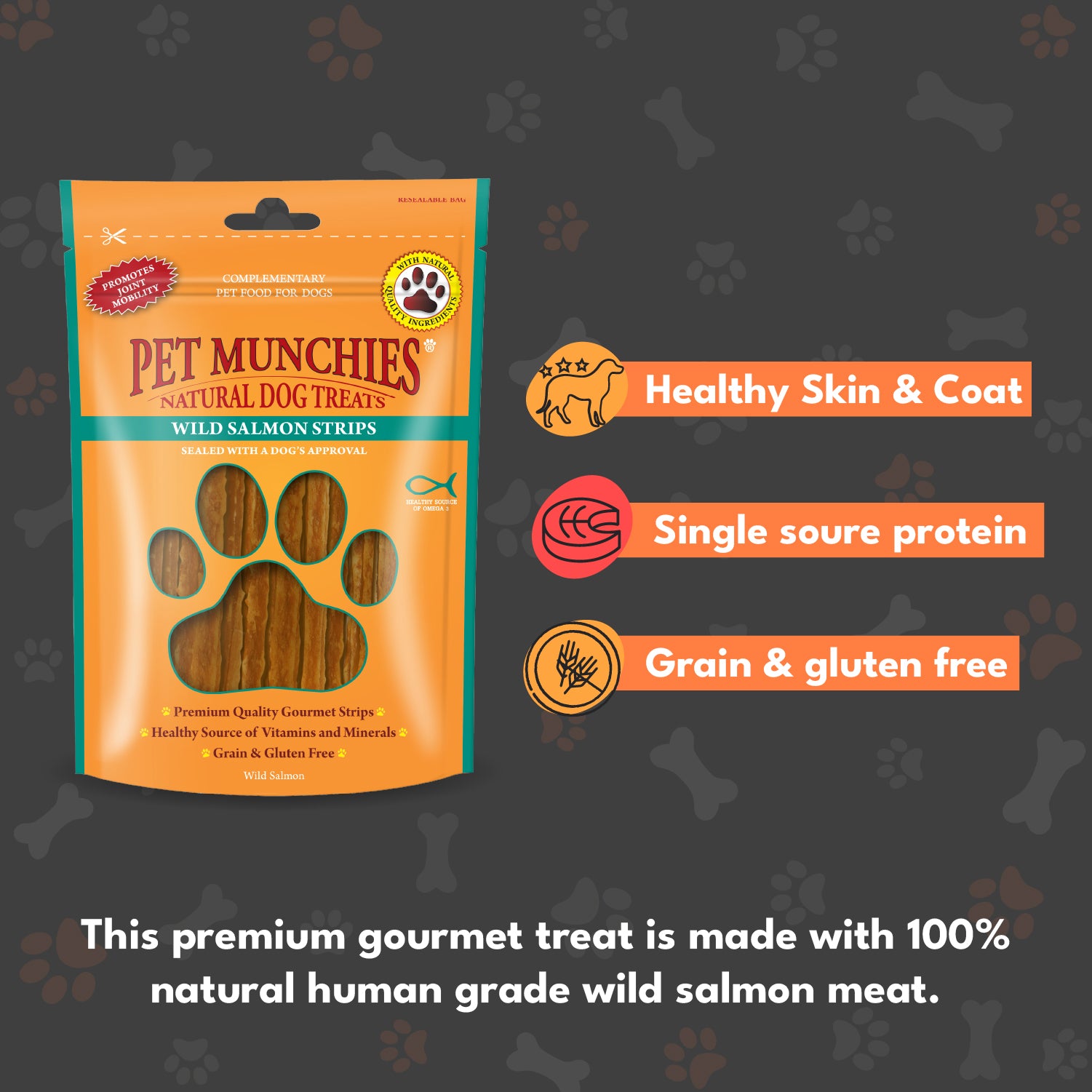 Pet Munchies Wild Salmon Strips Dog Treats 80g - 1 or 8 Pack Sticks, Strips & Twists