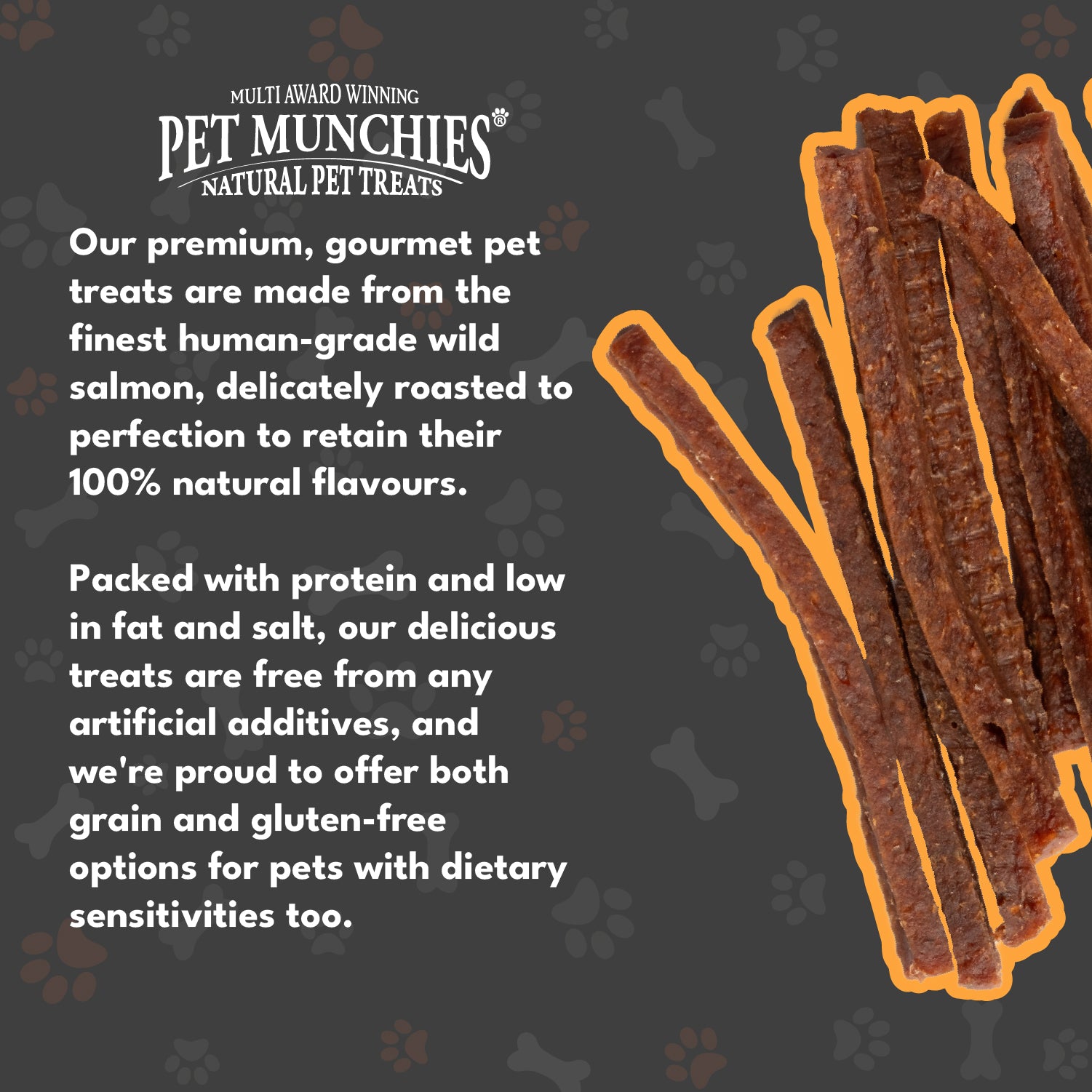 Pet Munchies Wild Salmon Strips Dog Treats 80g - 1 or 8 Pack Sticks, Strips & Twists