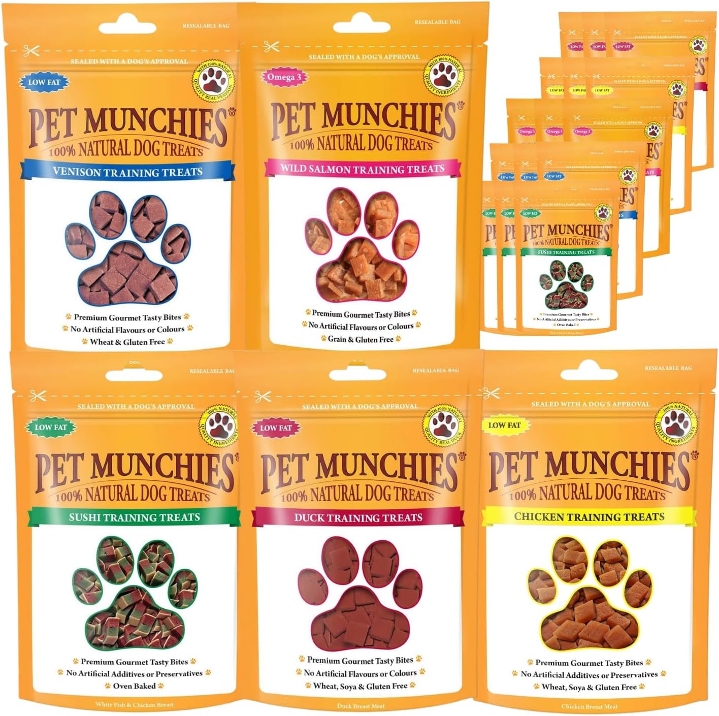 Pet Munchies Training Treats Bundle - Venison, Salmon, Sushi, Duck and Chicken 18 Variety Pack