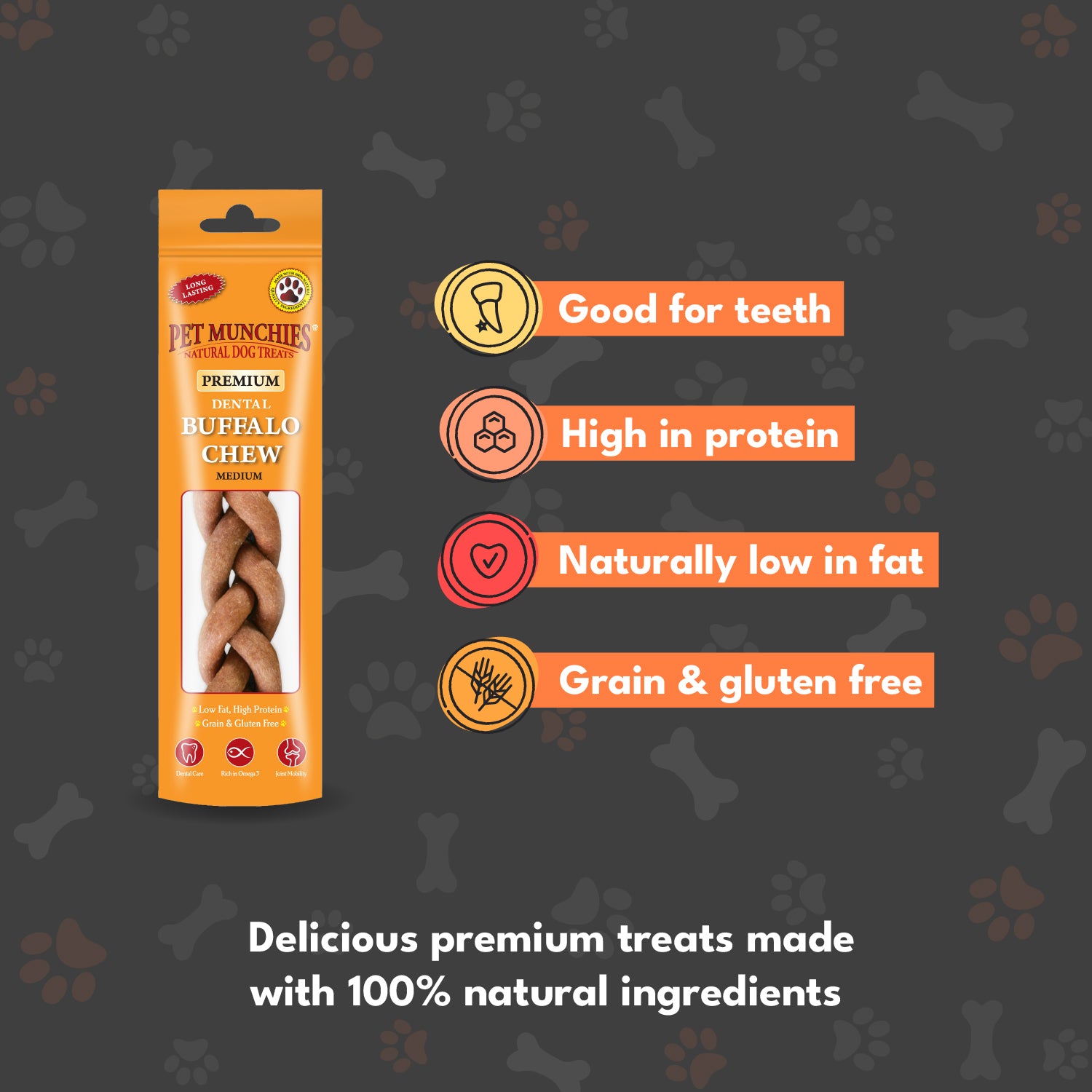 Pet Munchies Medium Dental Buffalo Dog Chews 55g - 1 or 8 Pack Dental Chews