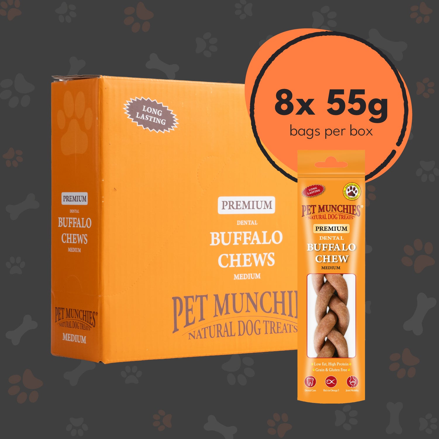 Pet Munchies Medium Dental Buffalo Dog Chews 55g - 1 or 8 Pack Dental Chews Multibuy deal - 8 x 55g