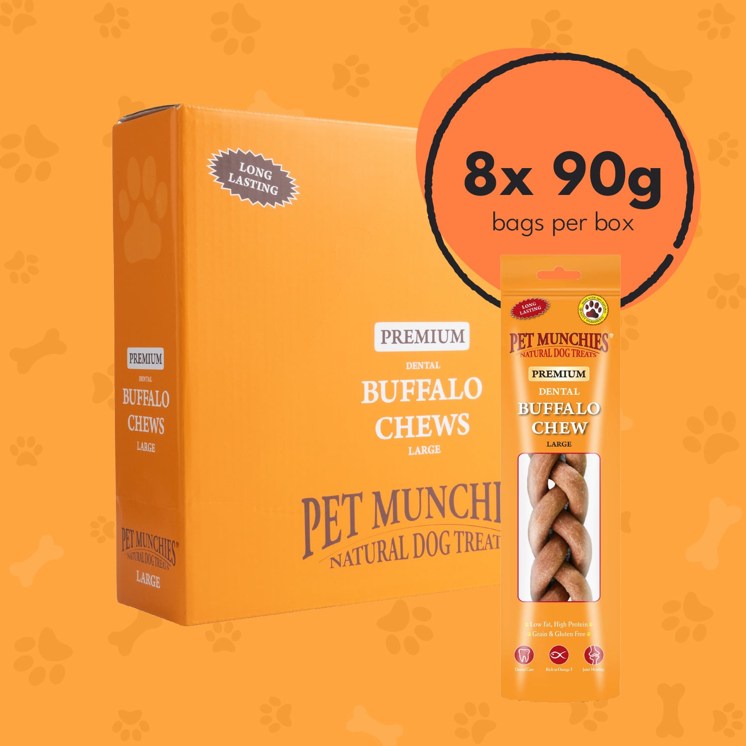 Pet Munchies Large Dental Buffalo Dog Chews 90g - 8 Pack