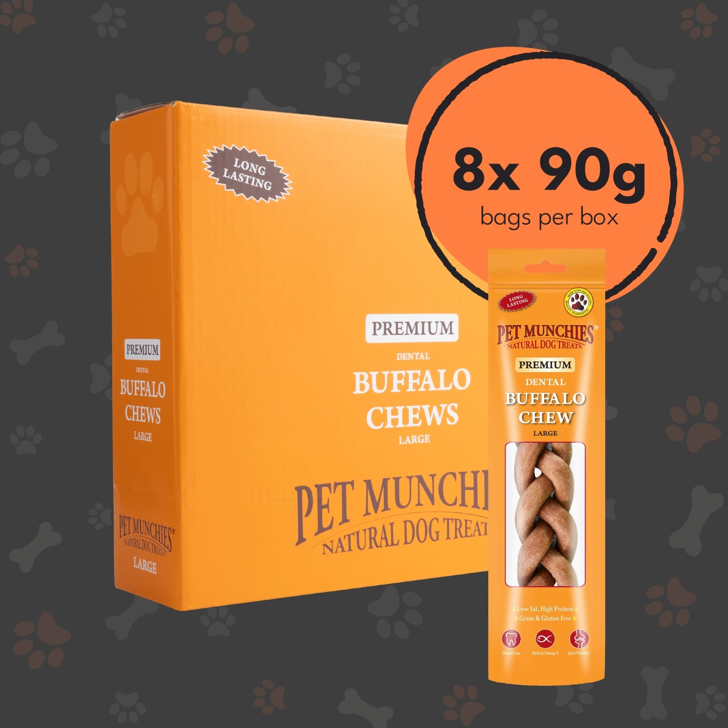 Pet Munchies Large Dental Buffalo Dog Chews 90g - 1 or 8 Pack Dental Chews Multibuy deal - 8 x 90g