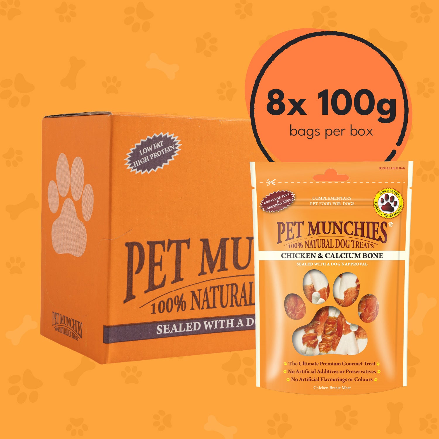 Pet Munchies Chicken and Calcium Bones Dog Treats 100g - 8 Pack