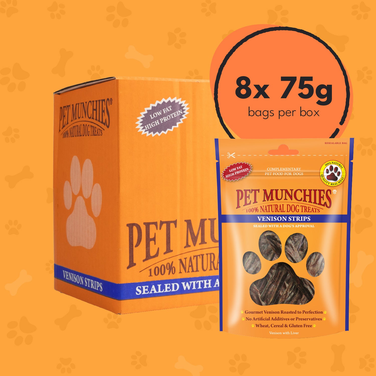 Pet Munchies Venison Strips Dog Treats 75g - 8 Pack