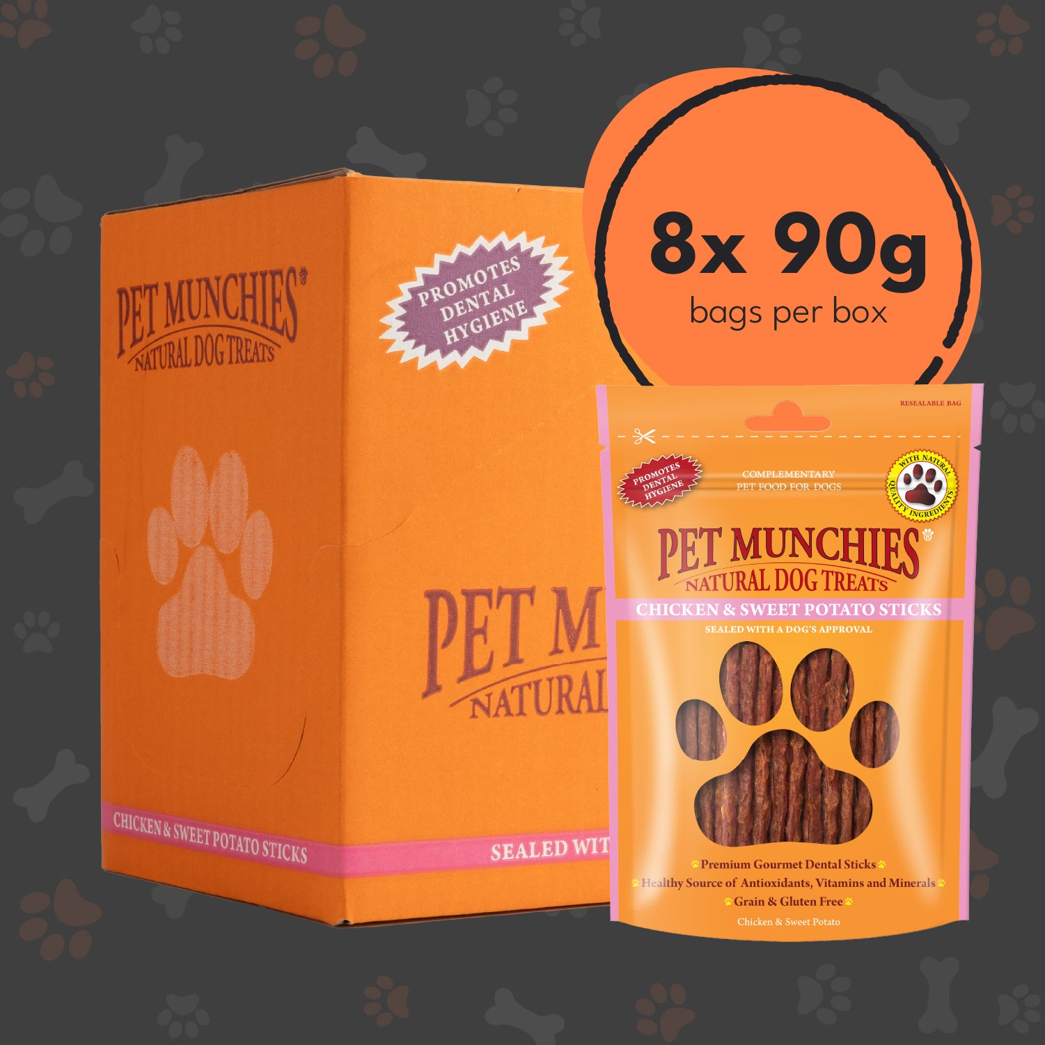 Pet Munchies Chicken and Sweet Potato Dog Treats 90g - 1 or 8 Pack Sticks, Strips & Twists Multibuy deal - 8 x 90g