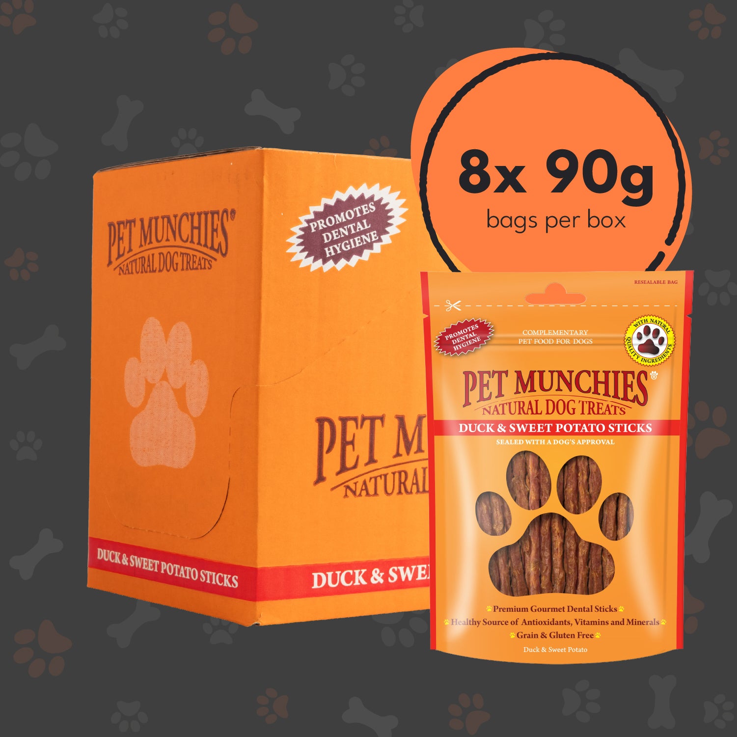 Pet Munchies Duck and Sweet Potato Dog Treats 90g - 1 or 8 Pack Sticks, Strips & Twists Multibuy deal - 8 x 90g