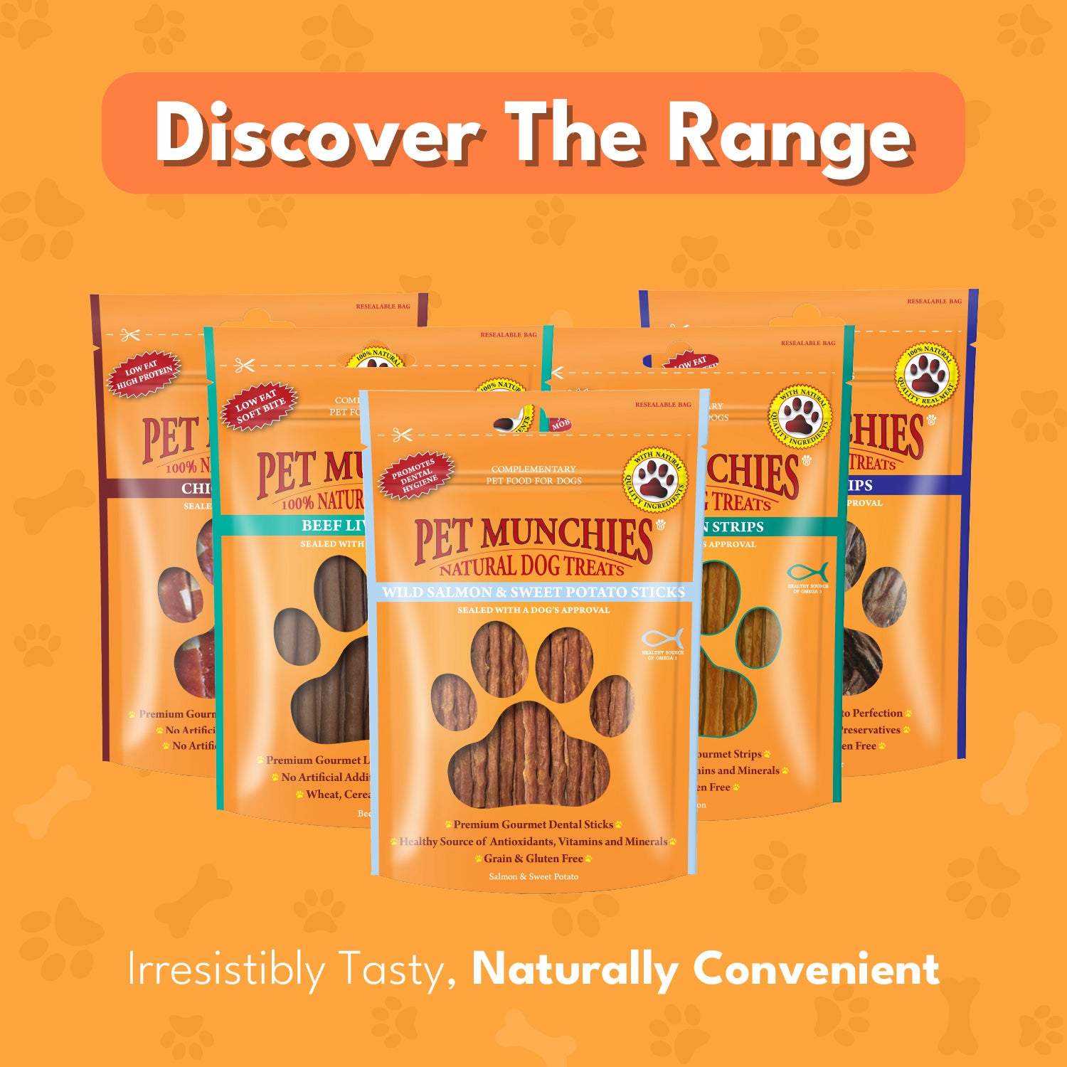 Pet Munchies Wild Salmon and Sweet Potato Dog Treats 90g - 1 or 8 Pack Sticks, Strips & Twists