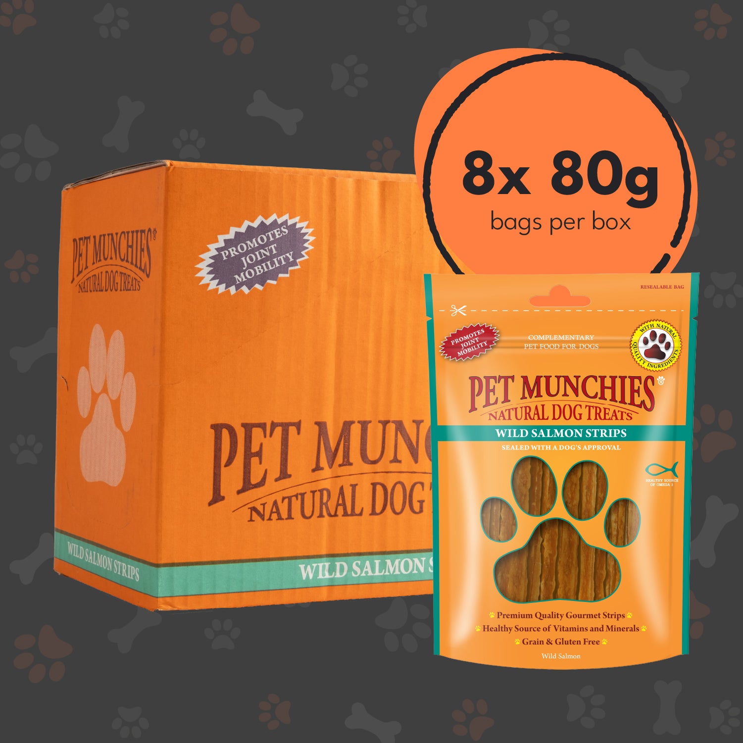 Pet Munchies Wild Salmon Strips Dog Treats 80g - 1 or 8 Pack Sticks, Strips & Twists Multibuy deal - 8 x 80g
