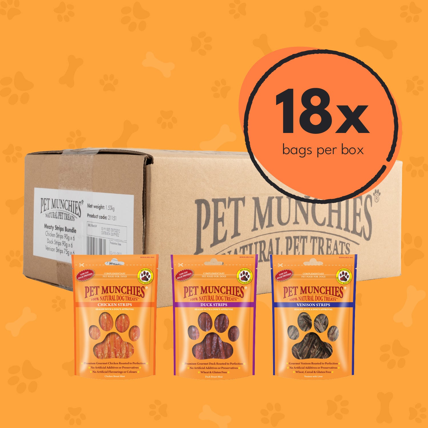 Pet Munchies Chicken, Venison & Duck Meaty Strips Bundle - 18 Pack